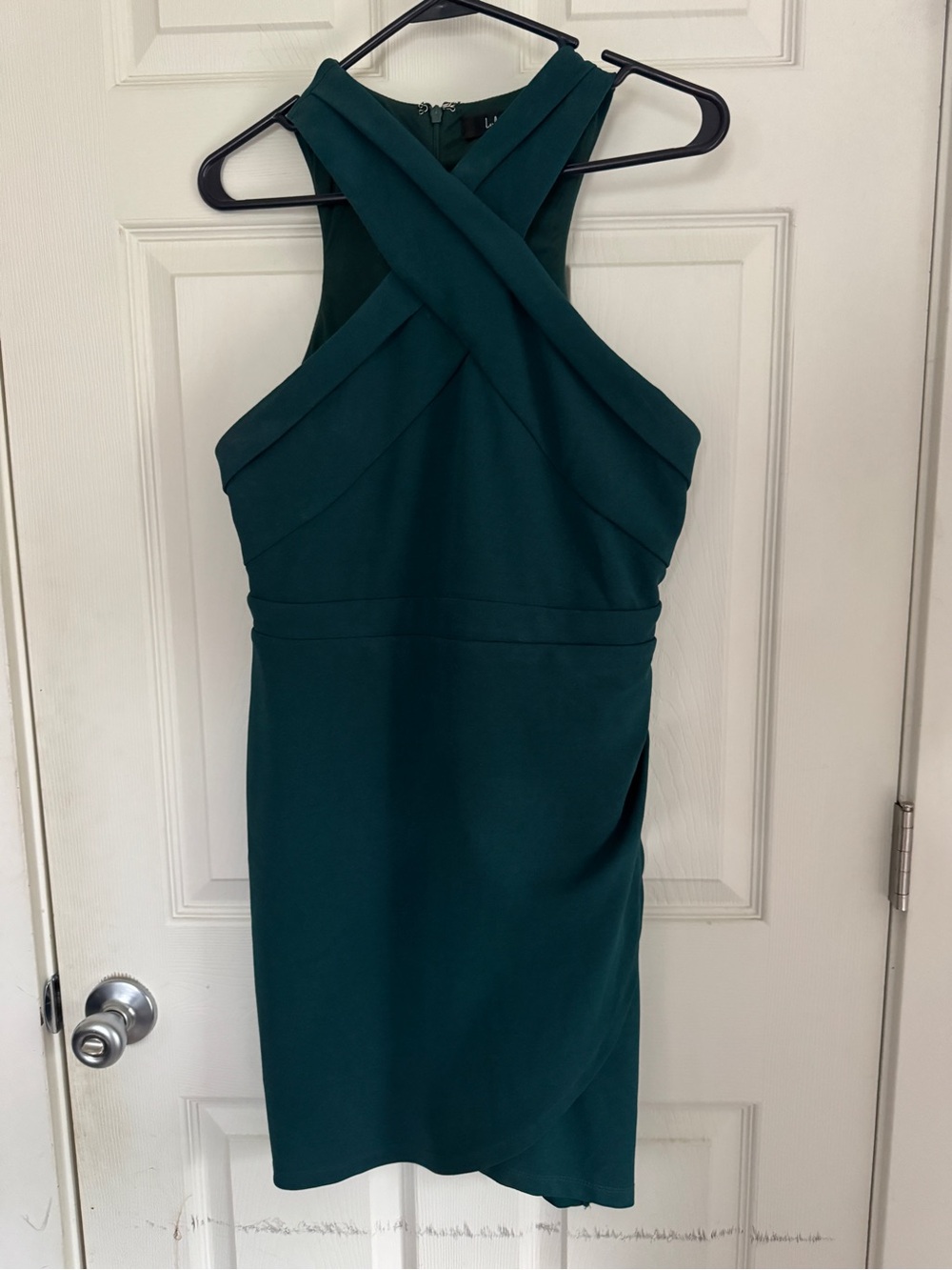Headed to Cocktail Hour Emerald Green Crossneck Halter Tulip Dress